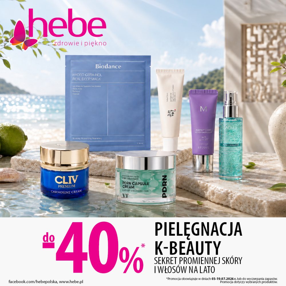 Ulotka promocyjna Hebe w Pasażu Grunwaldzkim z ofertą na kosmetyki K-Beauty do 40% taniej, przedstawiająca koreańskie produkty pielęgnacyjne nad brzegiem morza.