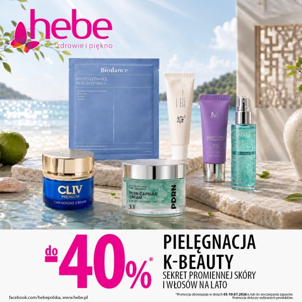 Ulotka promocyjna Hebe w Pasażu Grunwaldzkim z ofertą na kosmetyki K-Beauty do 40% taniej, przedstawiająca koreańskie produkty pielęgnacyjne nad brzegiem morza.