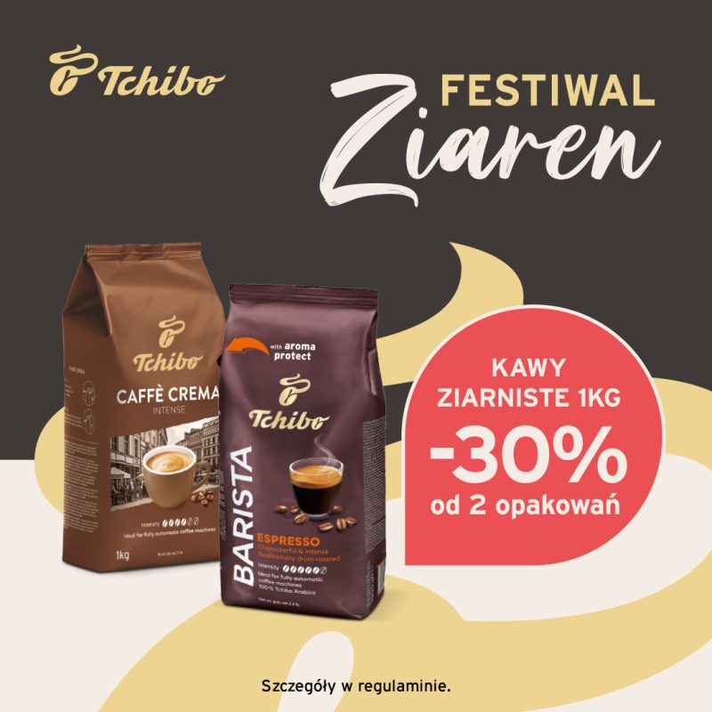Grafika promocyjna marki Tchibo pod hasłem „Festiwal Ziaren” przedstawia dwa kilogramowe opakowania kawy ziarnistej: Caffè Crema Intense oraz Barista Espresso. Po prawej stronie umieszczono duże, czerwone koło z informacją o rabacie „-30% na kawy ziarniste