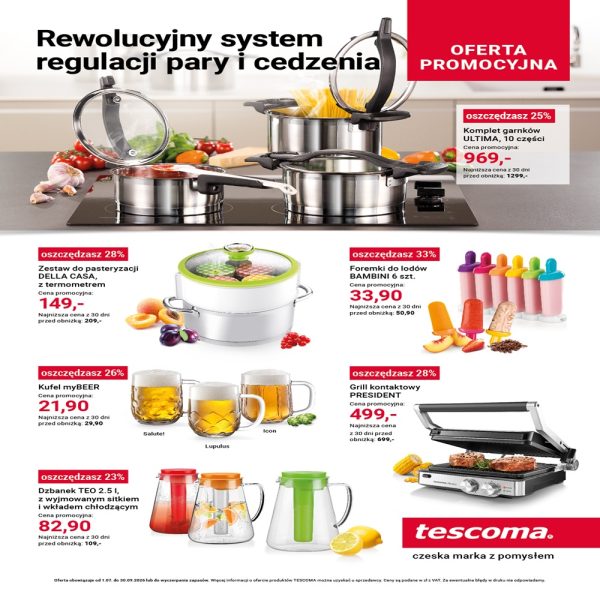 Grafika reklamowa marki Tescoma prezentuje ofertę promocyjną na różnorodne akcesoria kuchenne, w tym komplety garnków, zestawy do pasteryzacji, foremki do lodów oraz grill kontaktowy. Każdy produkt opatrzony jest informacją o wysokości rabatu, cenie promocyjnej oraz najniższej cenie z ostatnich 30 dni przed obniżką.