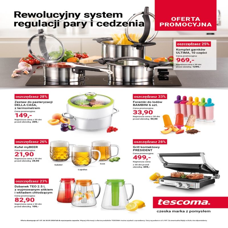 Grafika reklamowa marki Tescoma prezentuje ofertę promocyjną na różnorodne akcesoria kuchenne, w tym komplety garnków, zestawy do pasteryzacji, foremki do lodów oraz grill kontaktowy. Każdy produkt opatrzony jest informacją o wysokości rabatu, cenie promocyjnej oraz najniższej cenie z ostatnich 30 dni przed obniżką.
