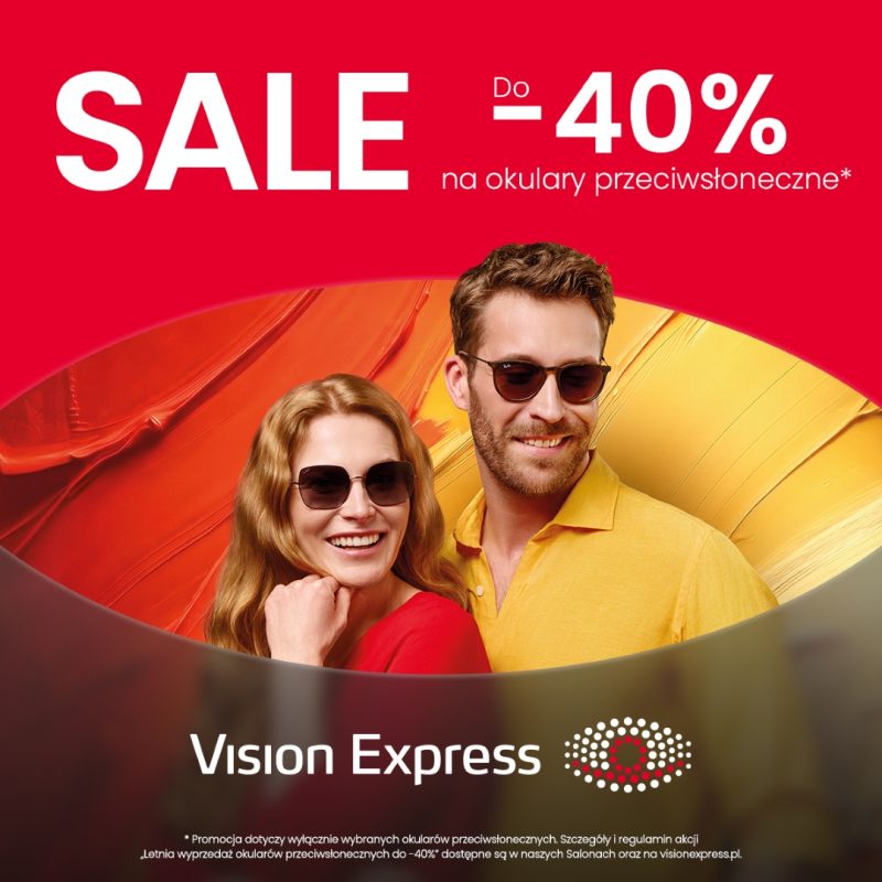 Grafika promocyjna marki Vision Express przedstawia uśmiechniętą kobietę i mężczyznę w okularach przeciwsłonecznych na barwnym tle. W górnej części widnieje duży napis „SALE Do -40% na okulary przeciwsłoneczne*”, a na dole umieszczono logo salonu.