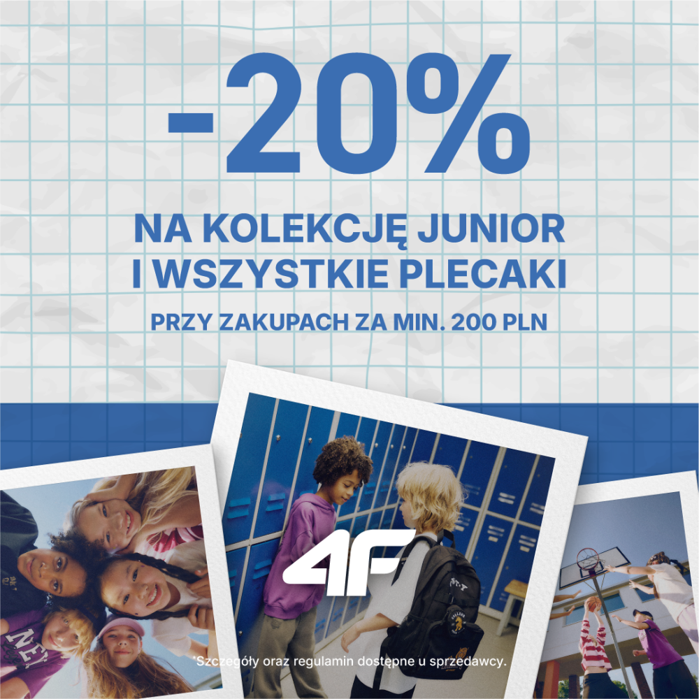 Baner promocyjny marki 4F oferujący rabat -20% na kolekcję Junior i wszystkie plecaki przy zakupach za minimum 200 PLN. Na dole grafiki widoczne są trzy zdjęcia przedstawiające dzieci i młodzież w szkolno-sportowym otoczeniu.