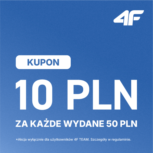 Niebieska grafika promocyjna marki 4F z białym logo w prawym górnym rogu. Na środku widnieje biała ramka z napisem „KUPON”, a poniżej duży napis „10 PLN ZA KAŻDE WYDANE 50 PLN”. Na dole znajduje się mniejszy tekst: „*Akcja wyłącznie dla użytkowników 4F TEAM. Szczegóły w regulaminie.”