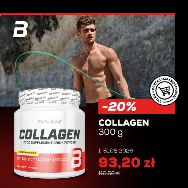 Grafika promocyjna marki BioTechUSA przedstawia pojemnik z suplementem diety Collagen o wadze 300 g o smaku cytrynowym oraz mężczyznę bez koszulki ze skakanką w tle. Plakat informuje o 20-procentowym rabacie z kartą lojalnościową, obniżającym cenę produktu z 116,50 zł na 93,20 zł w sierpniu 2026 roku.