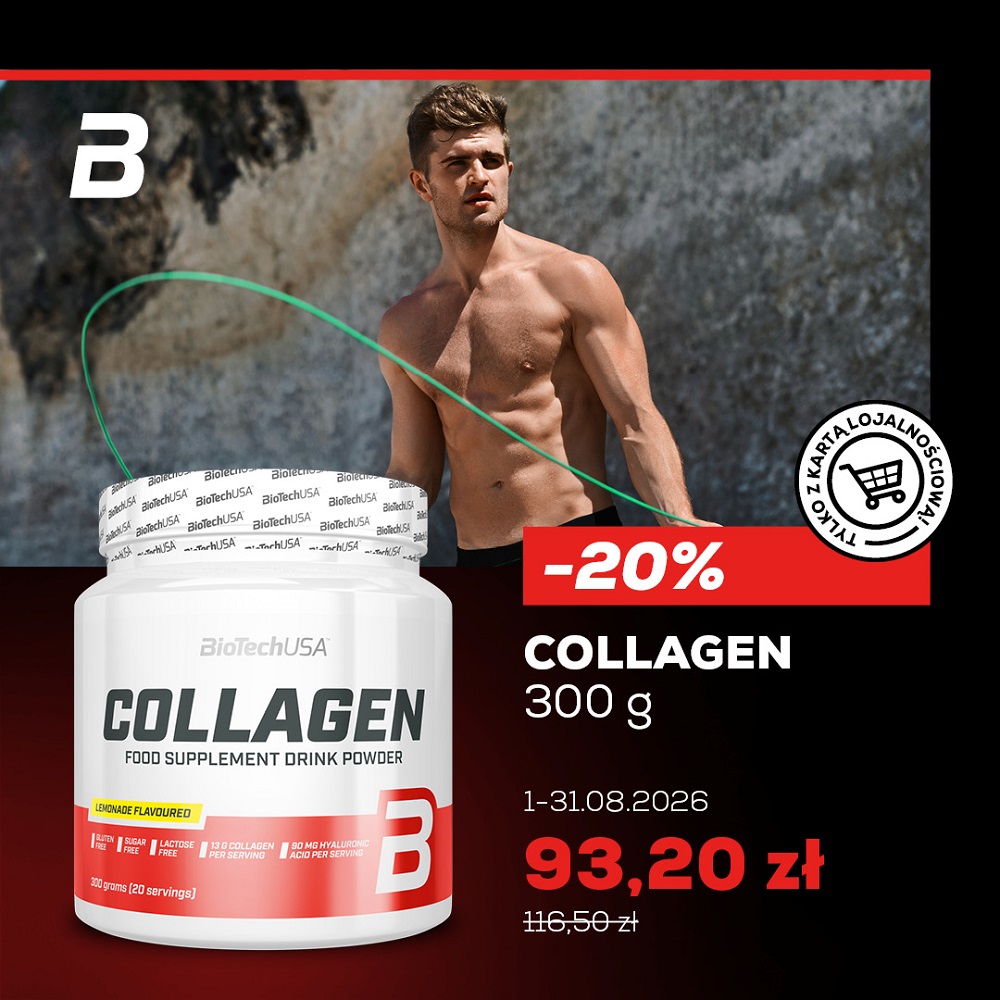 Grafika promocyjna marki BioTechUSA przedstawia pojemnik z suplementem diety Collagen o wadze 300 g o smaku cytrynowym oraz mężczyznę bez koszulki ze skakanką w tle. Plakat informuje o 20-procentowym rabacie z kartą lojalnościową, obniżającym cenę produktu z 116,50 zł na 93,20 zł w sierpniu 2026 roku.
