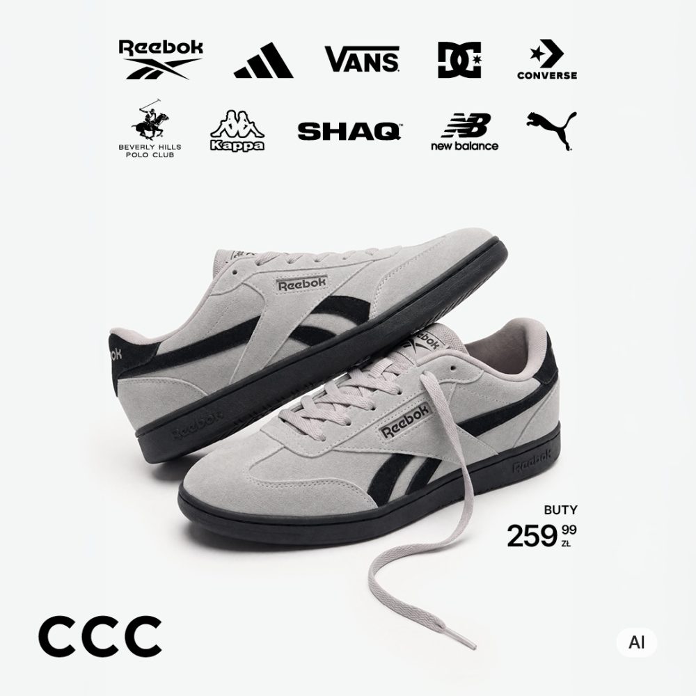 Szare zamszowe buty sportowe marki Reebok z czarnymi akcentami na jasnym tle. Grafika promocyjna CCC z informacją o cenie 259,99 zł oraz logotypami marek sportowych.