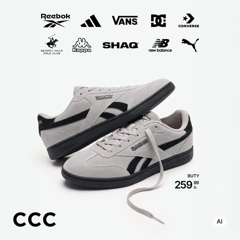 Szare zamszowe buty sportowe marki Reebok z czarnymi akcentami na jasnym tle. Grafika promocyjna CCC z informacją o cenie 259,99 zł oraz logotypami marek sportowych.