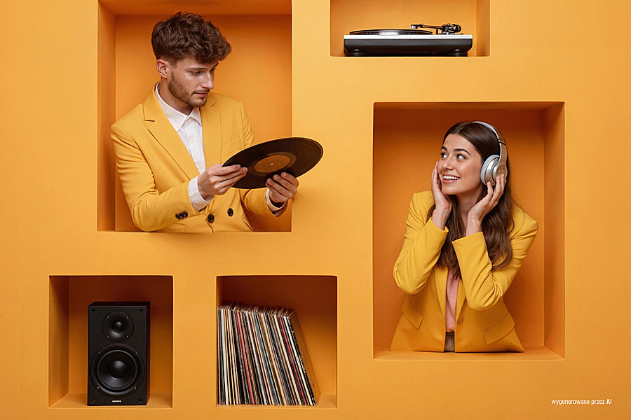 Mężczyzna i kobieta w żółtych marynarkach prezentujący płytę winylową i słuchający muzyki wśród kolekcji winyli, gramofonu i głośnika.