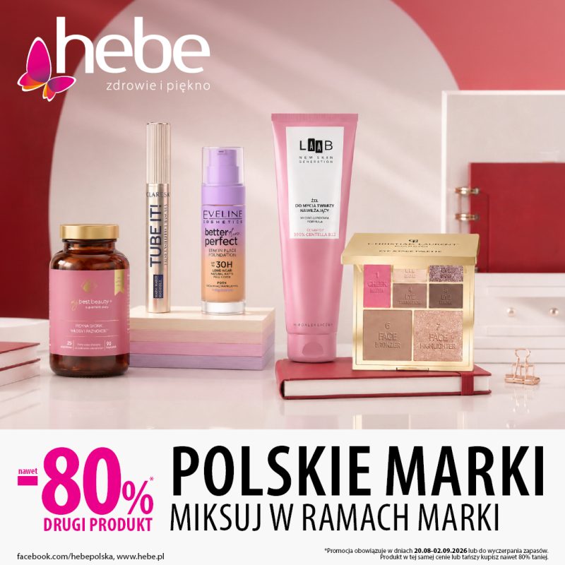 Baner promocyjny drogerii Hebe z ofertą na polskie marki – drugi produkt do -80% taniej. Na zdjęciu zaprezentowano kosmetyki do pielęgnacji i makijażu firm AA LAAB, Eveline, Claresa, Christian Laurent oraz MyBestPharm.