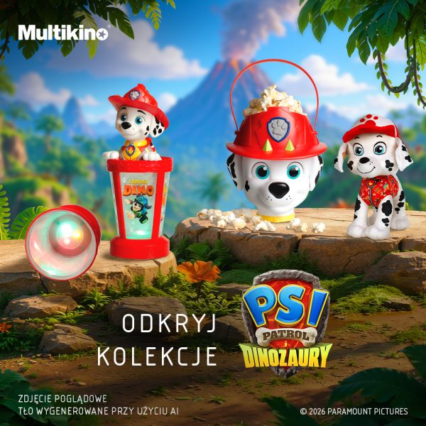 Grafika promocyjna sieci Multikino przedstawia gadżety filmowe z motywem „Psi Patrol i Dinozaury”, w tym kubek z figurką Marshalla, kubełek na popkorn w kształcie jego głowy oraz pluszową zabawkę. W tle widnieje prehistoryczny krajobraz z wulkanem, a na pierwszym planie umieszczono napis „ODKRYJ KOLEKCJĘ” oraz logo bajki.