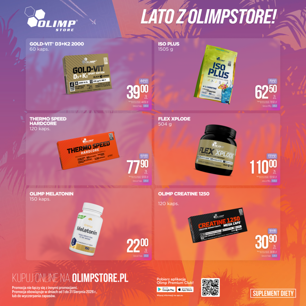 Grafika promocyjna OLIMP STORE pod hasłem „LATO Z OLIMPSTORE!” prezentuje letnie rabaty na wybrane suplementy diety, takie jak witamina D3+K2, napój izotoniczny czy kreatyna. Na barwnym tle widnieją zdjęcia produktów wraz z ich przecenionymi cenami oraz informacją o dostępności oferty online.