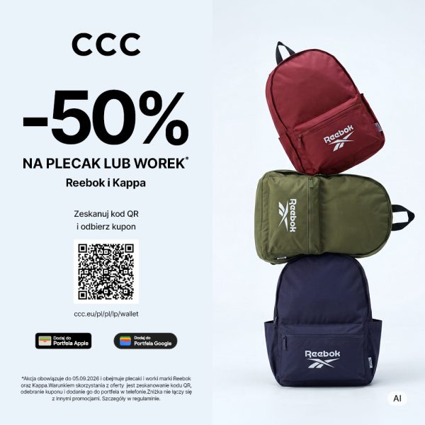 Kwadratowa grafika promocyjna sieci CCC. Po lewej stronie na jasnym tle czarne logo CCC, duży czarny napis -50% NA PLECAK LUB WOREK Reebok i Kappa oraz kod QR z instrukcją Zeskanuj kod QR i odbierz kupon i przyciskami Dodaj do Portfela Apple oraz Portfela Google. Po prawej stronie sterta trzech plecaków marki Reebok w kolorach wiśniowym, oliwkowym oraz granatowym.