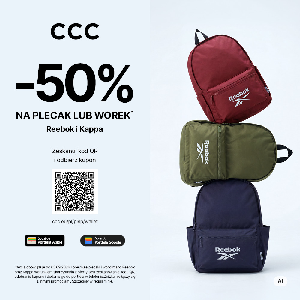 Kwadratowa grafika promocyjna sieci CCC. Po lewej stronie na jasnym tle czarne logo CCC, duży czarny napis -50% NA PLECAK LUB WOREK Reebok i Kappa oraz kod QR z instrukcją Zeskanuj kod QR i odbierz kupon i przyciskami Dodaj do Portfela Apple oraz Portfela Google. Po prawej stronie sterta trzech plecaków marki Reebok w kolorach wiśniowym, oliwkowym oraz granatowym.