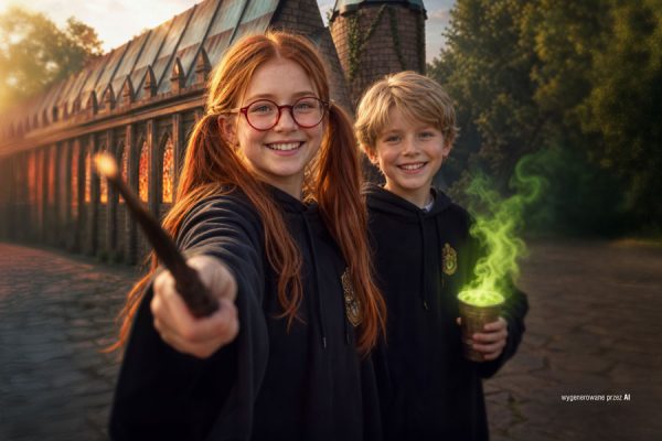 Dzieci w strojach czarodziejów promujące Świat Magii w Pasażu Grunwaldzkim bezpłatne atrakcje dla dzieci Harry Potter Wrocław