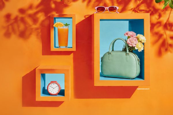 Grafika przedstawia pomarańczową ścianę z trzema niebieskim wnękami, w których umieszczono szklankę soku z pomarańczą, zieloną torebkę z kwiatami oraz czerwony zegar. Na jednej z wnęk leżą różowe okulary przeciwsłoneczne, a całości dopełniają cienie liści rzucane na tło.