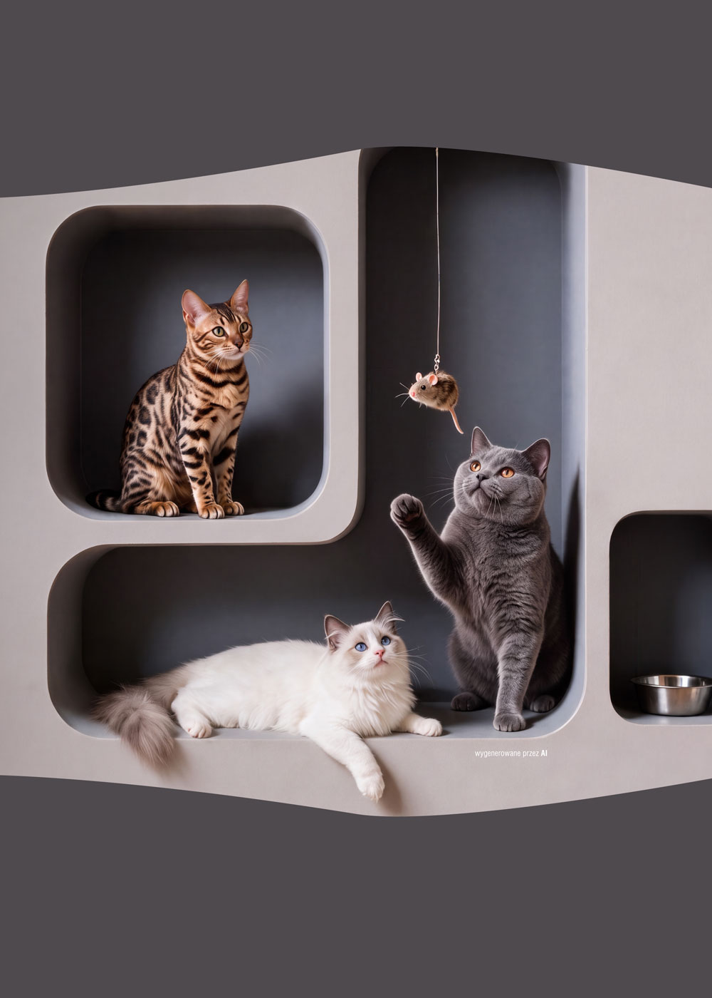 Na zdjęciu widać trzy koty różnych ras umieszczone w nowoczesnych, geometrycznych wnękach. Nad szarym kotem zawieszona jest zabawka w kształcie myszy, a obok znajduje się miska.