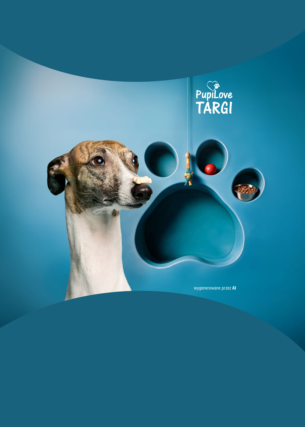 Plakat promocyjny wydarzenia PupiLove Targi przedstawia psa rasy charcik z przysmakiem w kształcie kości umieszczonym na pysku. W tle znajduje się niebieska ściana z wnęką w kształcie łapy, w której umieszczono zabawki i miskę z karmą.