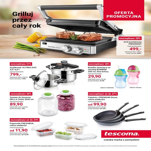 Grafika promocyjna marki Tescoma prezentująca ofertę produktów do gotowania i grillowania. Na grafice znajdują się grill kontaktowy, szybkowary, butelki ze słomką dla dzieci, zestaw do kiszenia, patelnie oraz pojemniki do przechowywania żywności wraz z informacjami o cenach promocyjnych i wysokości rabatów. Na dole umieszczono logo marki Tescoma.