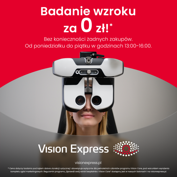 Baner promocyjny Vision Express oferujący badanie wzroku za 0 zł bez konieczności zakupów, od poniedziałku do piątku w godzinach 13:00-16:00. Na zdjęciu kobieta podczas badania optometrycznego przy użyciu foroptera.