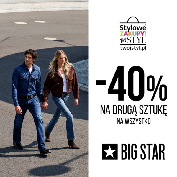 Grafika promocyjna marki Big Star z okazji akcji „Stylowe Zakupy” informująca o rabacie -40% na drugą sztukę na wszystko. Po lewej stronie widoczna jest trzymająca się za ręce para modeli idąca asfaltową drogą – mężczyzna ubrany jest w całości w denimowy zestaw, a kobieta w jasne jeansy, biały t-shirt i brązową kurtkę. W prawym górnym rogu znajduje się logo akcji „Stylowe Zakupy” oraz Twoj STYL, a w prawym dolnym rogu czarne logo marki BIG STAR.