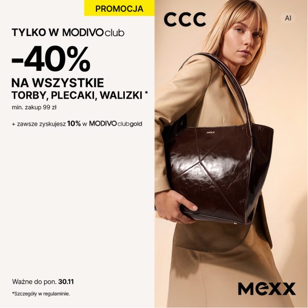 Grafika promocyjna sieci CCC informująca o ofercie „TYLKO W MODIVOclub” z rabatem -40% na wszystkie torby, plecaki i walizki przy minimalnej kwocie zakupu 99 zł, ważnej do 30.11. Po prawej stronie widoczna jest kobieta w beżowym płaszczu prezentująca ciemnobrązową torebkę marki Mexx. W górnej części znajduje się logo CCC, a w prawym dolnym rogu logo Mexx.
