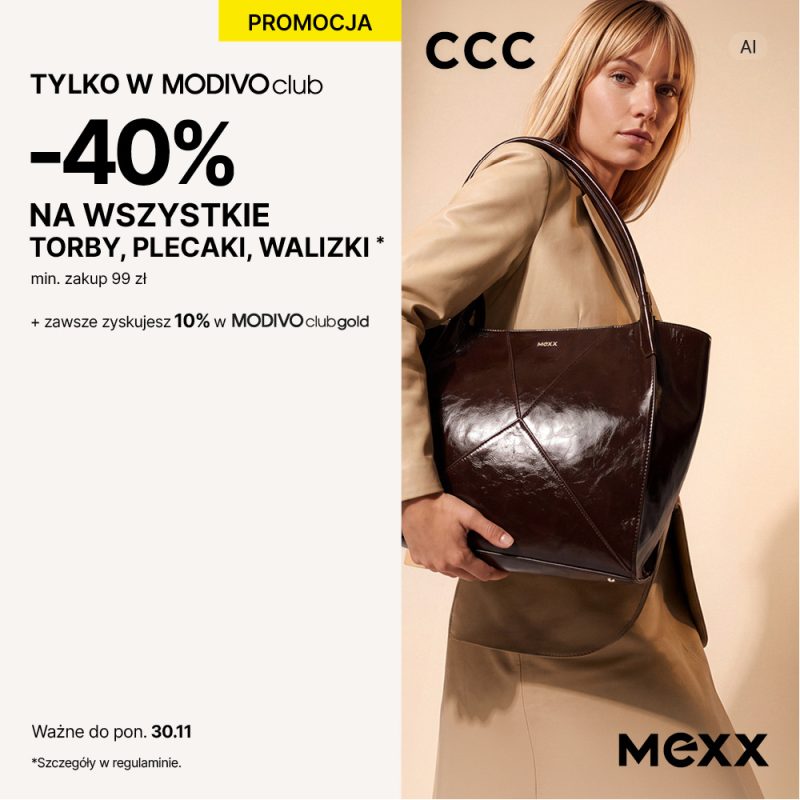 Grafika promocyjna sieci CCC informująca o ofercie „TYLKO W MODIVOclub” z rabatem -40% na wszystkie torby, plecaki i walizki przy minimalnej kwocie zakupu 99 zł, ważnej do 30.11. Po prawej stronie widoczna jest kobieta w beżowym płaszczu prezentująca ciemnobrązową torebkę marki Mexx. W górnej części znajduje się logo CCC, a w prawym dolnym rogu logo Mexx.