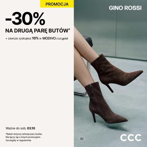 Brązowe zamszowe botki Gino Rossi na obcasie w kadrze promocyjnym salonu CCC z informacją o rabacie -30% na drugą parę w Pasażu Grunwaldzkim