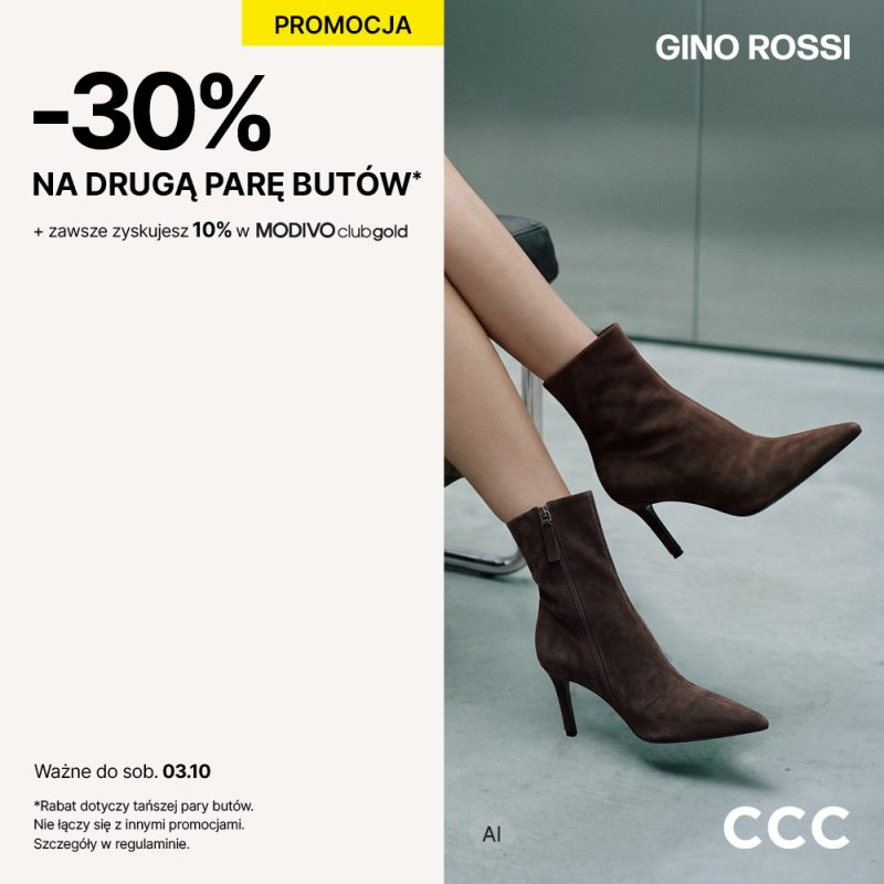 Brązowe zamszowe botki Gino Rossi na obcasie w kadrze promocyjnym salonu CCC z informacją o rabacie -30% na drugą parę w Pasażu Grunwaldzkim