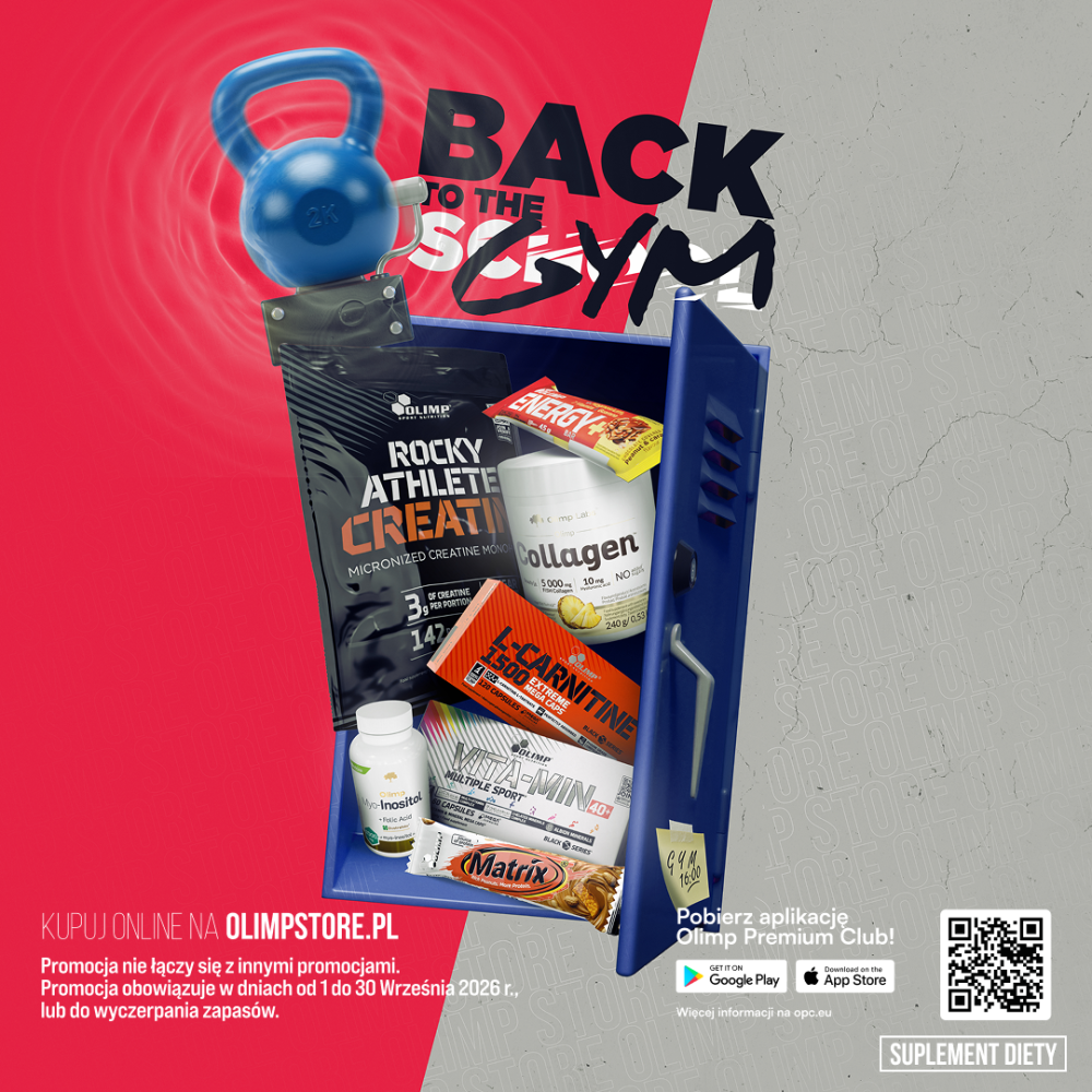 Grafika promocyjna sklepu Olimp Store pod hasłem „BACK TO THE GYM”. W centralnej części widoczna jest otwarta, niebieska szafka metalowa wypełniona suplementami diety i odżywkami marki Olimp (m.in. kreatyna, L-karnityna, witaminy Vita-Min Multiple Sport, batony energetyczne i kolagen), ponad którą unosi się niebieski kettlebell z efektem fali uderzeniowej. W lewym dolnym rogu znajduje się informacja „Kupuj online na olimpstore.pl” oraz zasady promocji obowiązującej od 1 do 30 września 2026 r., a po prawej stronie zachęta do pobrania aplikacji Olimp Premium Club wraz z kodem QR.