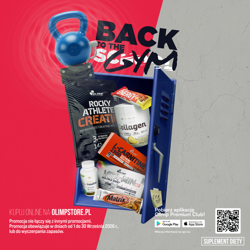 Grafika promocyjna sklepu Olimp Store pod hasłem „BACK TO THE GYM”. W centralnej części widoczna jest otwarta, niebieska szafka metalowa wypełniona suplementami diety i odżywkami marki Olimp (m.in. kreatyna, L-karnityna, witaminy Vita-Min Multiple Sport, batony energetyczne i kolagen), ponad którą unosi się niebieski kettlebell z efektem fali uderzeniowej. W lewym dolnym rogu znajduje się informacja „Kupuj online na olimpstore.pl” oraz zasady promocji obowiązującej od 1 do 30 września 2026 r., a po prawej stronie zachęta do pobrania aplikacji Olimp Premium Club wraz z kodem QR.