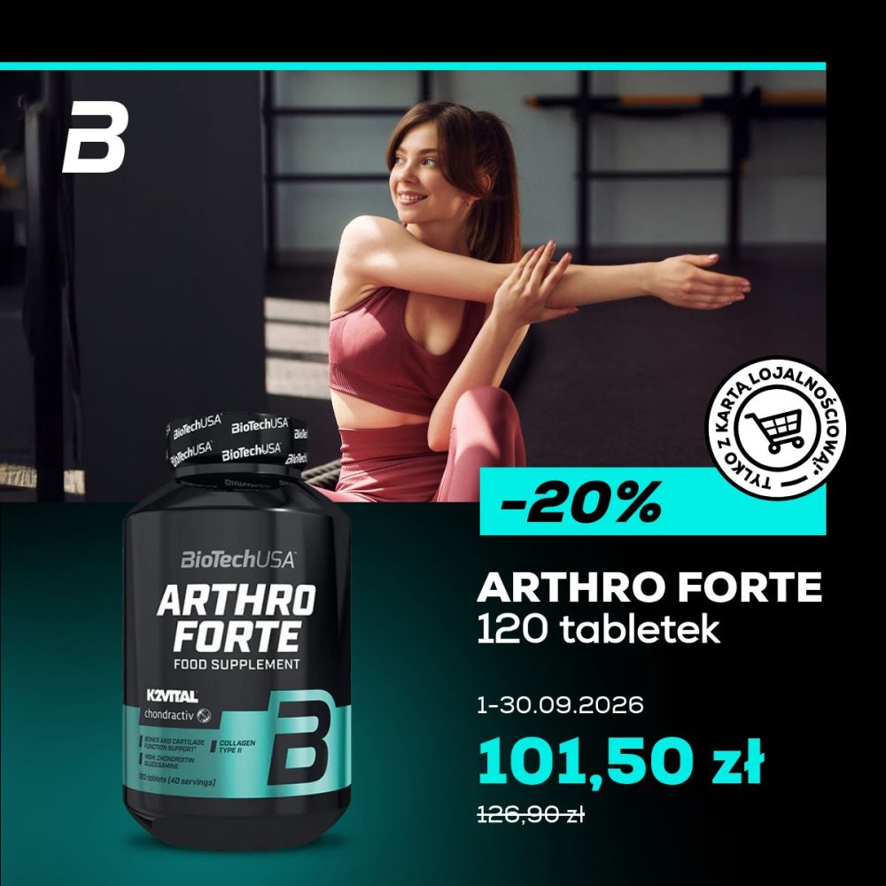 Kwadratowa grafika reklamowa marki BioTechUSA w ciemnej i turkusowej kolorystyce. Po lewej u góry znajduje się zdjęcie rozciągającej się kobiety w stroju sportowym, a poniżej duże czarne opakowanie suplementu ARTHRO FORTE 120 tabletek. Po prawej stronie widnieje turkusowa plama z napisem -20%, okrągła pieczęć TYLKO Z KARTĄ LOJALNOŚCIOWĄ!, duży biały napis ARTHRO FORTE 120 tabletek, data 1-30.09.2026, turkusowa cena 101,50 zł oraz przekreślona stara cena 126,90 zł.