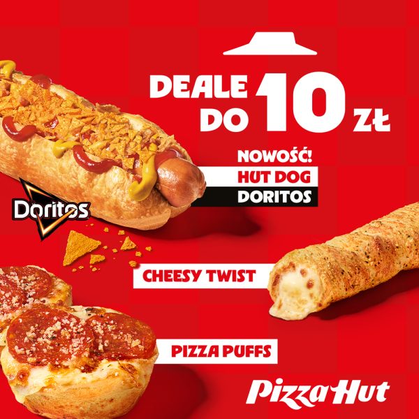 Czerwona kwadratowa grafika reklamowa sieci Pizza Hut z dużym napisem DEALE DO 10 zł. Na zdjęciu przedstawiono trzy przekąski: na górze po lewej zapieczony Hut Dog z parówką, sosami i posypką z nachosów z logo Doritos, po prawej stronie złocisty Cheesy Twist z ciągnącym się serem, a na dole po lewej dwa wypieczone kółeczka Pizza Puffs z serem i pepperoni. Na dole po prawej umieszczono białe logo Pizza Hut.