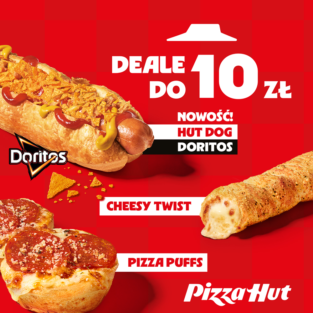 Czerwona kwadratowa grafika reklamowa sieci Pizza Hut z dużym napisem DEALE DO 10 zł. Na zdjęciu przedstawiono trzy przekąski: na górze po lewej zapieczony Hut Dog z parówką, sosami i posypką z nachosów z logo Doritos, po prawej stronie złocisty Cheesy Twist z ciągnącym się serem, a na dole po lewej dwa wypieczone kółeczka Pizza Puffs z serem i pepperoni. Na dole po prawej umieszczono białe logo Pizza Hut.