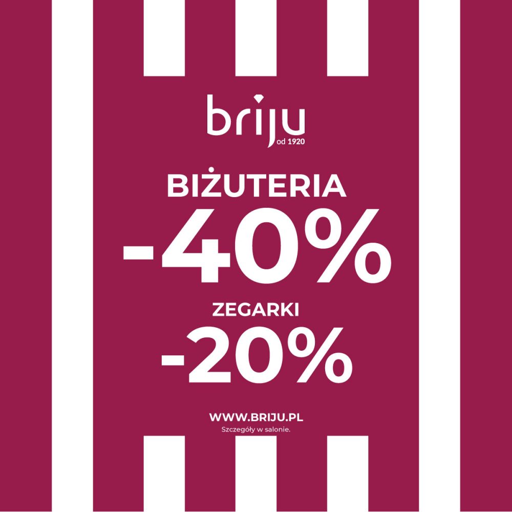 Bordo-biała grafika promocyjna marki Briju w Pasażu Grunwaldzkim informująca o rabatach -40% na biżuterię i -20% na zegarki