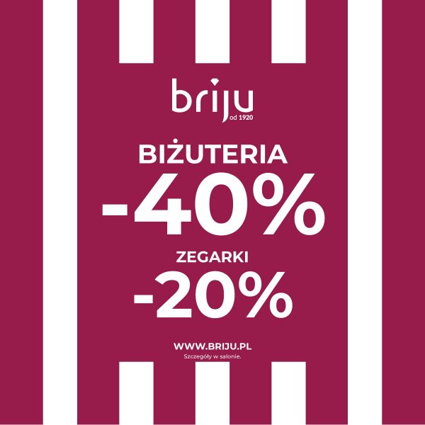 Bordo-biała grafika promocyjna marki Briju w Pasażu Grunwaldzkim informująca o rabatach -40% na biżuterię i -20% na zegarki