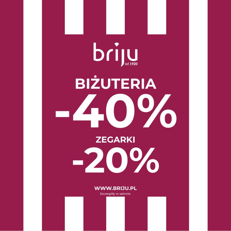 Bordo-biała grafika promocyjna marki Briju w Pasażu Grunwaldzkim informująca o rabatach -40% na biżuterię i -20% na zegarki