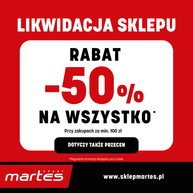 Czerwono-biała grafika promocyjna informująca o likwidacji sklepu Martes Sport w Pasażu Grunwaldzkim i rabacie -50% na wszystko przy zakupach za minimum 100 zł