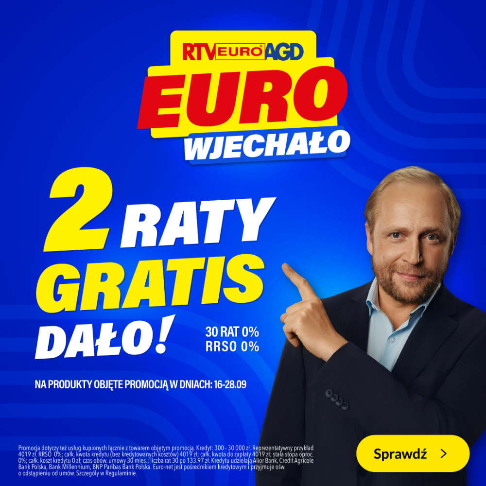 Plakat promocyjny RTV EURO AGD w Pasażu Grunwaldzkim z napisami EURO wjechało 2 raty gratis dało oraz wizerunkiem Mikołaja Cieślaka