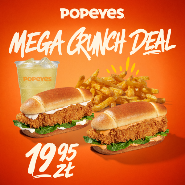 Grafika promocyjna restauracji Popeyes przedstawiająca zestaw „Mega Crunch Deal” w cenie 19,95 zł. Na pomarańczowym tle widoczne są dwa chrupiące burgery z kurczakiem w podłużnych bułkach, porcja frytek oraz kubek z napojem z logotypem marki, a u góry umieszczono napis „MEGA CRUNCH DEAL” i logo Popeyes.
