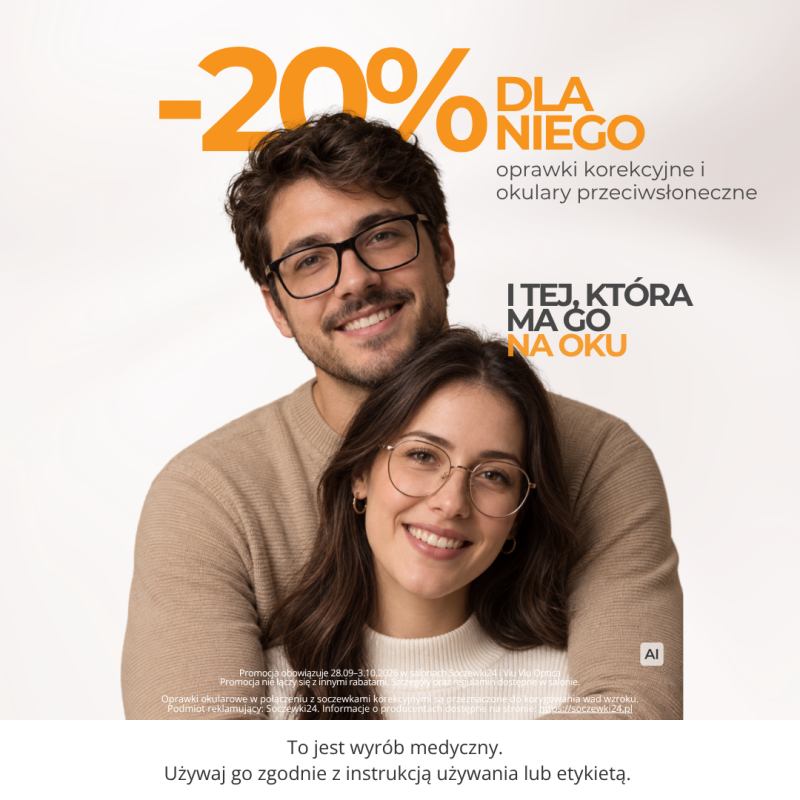 Grafika promocyjna salonu Soczewki24 z okazji Dnia Chłopaka przedstawiająca parę uśmiechniętych osób w okularach. Informuje o rabacie -20% dla niego na oprawki korekcyjne i okulary przeciwsłoneczne oraz dla tej, która ma go na oku. U góry i na środku umieszczono pomarańczowe i czarne napisy promocyjne. Na dole widnieje informacja, że promocja obowiązuje w dniach 28.09–3.10.2026 w salonach Soczewki24 i Viu Viu Optica, a także obowiązkowy medyczny komunikat o wyrobie medycznym.