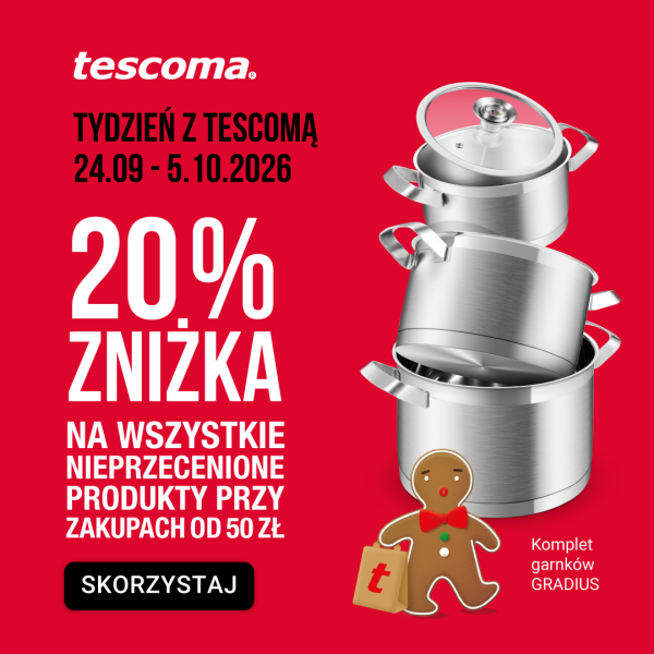 Grafika promocyjna marki Tescoma zapowiadająca akcję „Tydzień z Tescomą” w dniach 24.09 – 5.10.2026 r. Na czerwonym tle umieszczono informację o 20% zniżce na wszystkie nieprecenione produkty przy zakupach od 50 zł. Po prawej stronie widoczny jest zestaw naczyń – komplet garnków Gradius – oraz mała postać ludzika z piernika z torbą zakupową. W dolnej części znajduje się czarny przycisk z wezwaniem do działania „SKORZYSTAJ” oraz logo marki Tescoma w lewym górnym rogu.