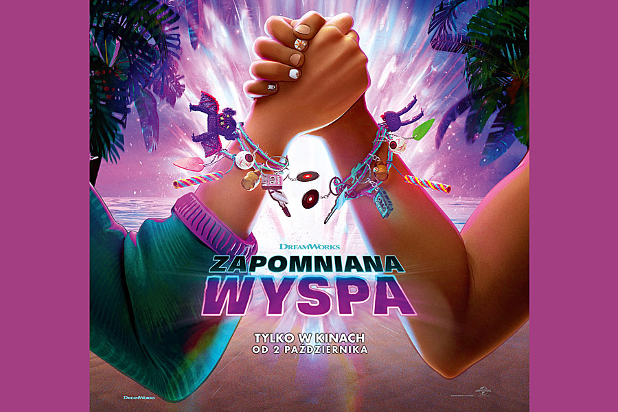 Grafika promocyjna filmu animowanego DreamWorks „Zapomniana wyspa”. Na tle oświetlonym jasnym, fioletowo-różowym blaskiem, palm i plaży dwie osoby stają do siłowania się na ręce, chwytając się mocno za dłonie. Ich nadgarstki ozdobione są bransoletkami z zawieszkami. W centralnej części widoczny jest tytuł filmu „Zapomniana wyspa” oraz informacja „Tylko w kinach od 2 października”.