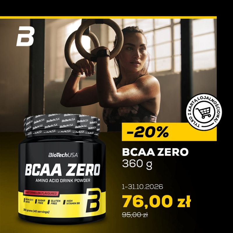 Grafika promocyjna marki BioTechUSA z ofertą na produkt BCAA Zero (360 g) w obniżonej cenie 76,00 zł zamiast 95,00 zł. Na pierwszym planie po lewej stronie widoczne jest czarne opakowanie odżywki aminokwasowej w proszku o smaku arbuza. W tle zaprezentowano kobietę ćwiczącą na siłowni z użyciem kół gimnastycznych. Po prawej stronie umieszczono informację o rabacie „-20%” dostępnym „tylko z kartą lojalnościową!”, a w dolnej części zapisano termin obowiązywania oferty: „1–31.10.2026”.