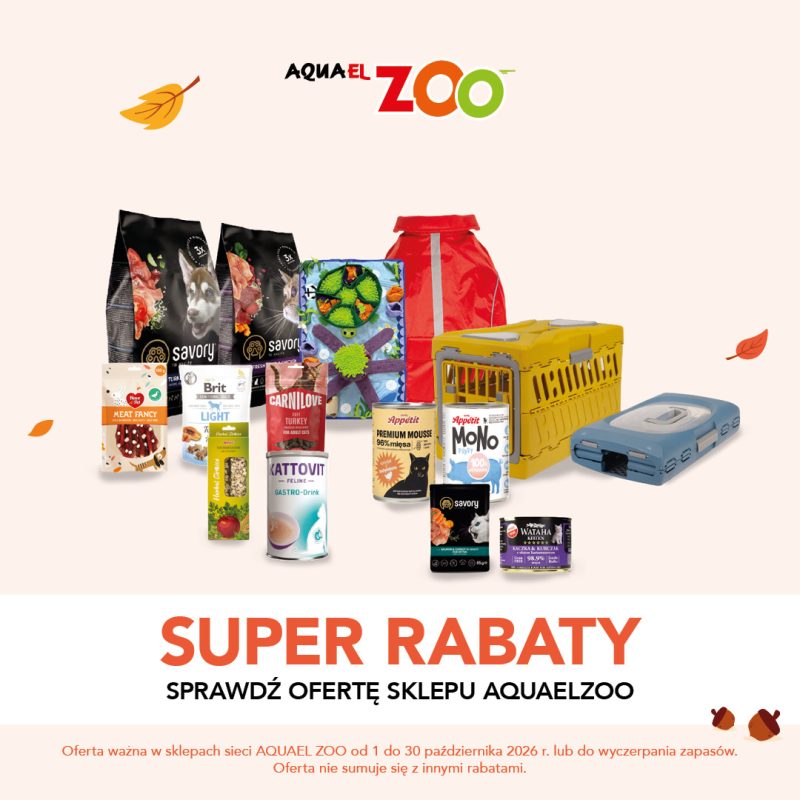 Kwadratowa grafika promocyjna sklepu zoologicznego AQUAEL ZOO w jesiennej aranżacji z żołędziami i spadającymi liśćmi. Prezentuje szeroki wybór produktów: karmy i przysmaki marek Savory, Brit, Carnilove, Kattovit, Appétit, Wataha, a także matę węchową oraz transportery dla zwierząt. Na dole umieszczono duży pomarańczowy napis SUPER RABATY SPRAWDŹ OFERTĘ SKLEPU AQUAELZOO.