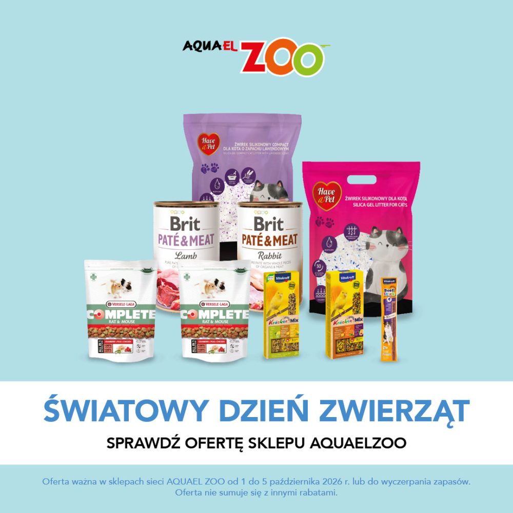 Kwadratowa grafika promocyjna sklepu zoologicznego AQUAEL ZOO na błękitnym tle. Prezentuje produkty dla zwierząt: puszkowane karmy Brit Paté & Meat, żwirki silikonowe Have a Pet, karmy Versele-Laga Complete oraz kolby Vitakraft Kräcker. Na dole umieszczono duży niebieski napis ŚWIATOWY DZIEŃ ZWIERZĄT SPRAWDŹ OFERTĘ SKLEPU AQUAELZOO.