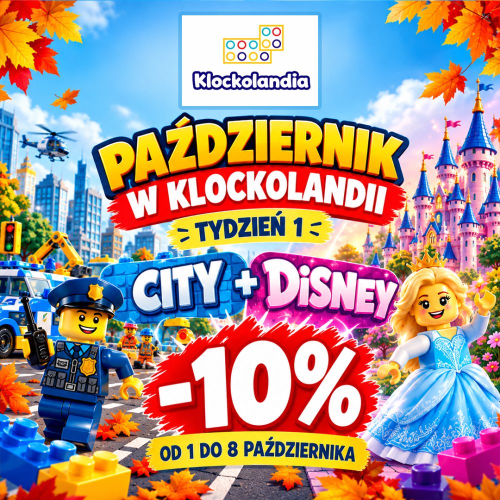 Kwadratowa, barwna grafika promocyjna marki Klockolandia w jesiennej aranżacji z liśćmi klonu. W górnej części widnieje logo Klockolandia oraz napis PAŹDZIERNIK W KLOCKOLANDII TYDZIEŃ 1. Na środku umieszczono napis CITY + Disney -10% OD 1 DO 8 PAŹDZIERNIKA oraz figurki LEGO policjanta i księżniczki na tle miasta i zamku.