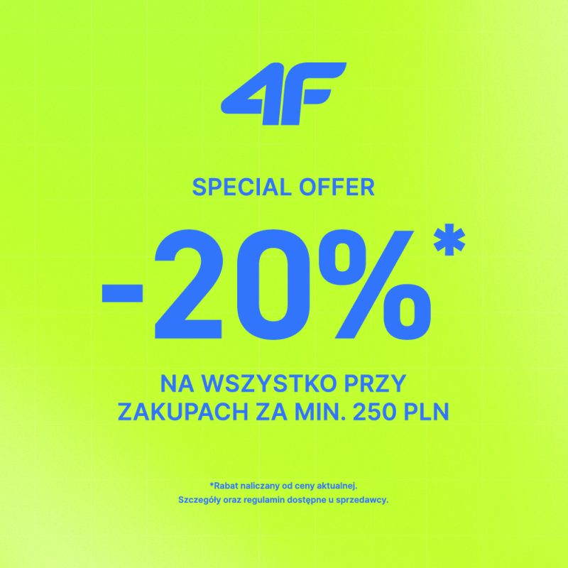 Limonkowa grafika promocyjna marki 4F z niebieskim napisem Special Offer -20% na wszystko przy zakupach za min. 250 PLN dla Pasażu Grunwaldzkiego we Wrocławiu