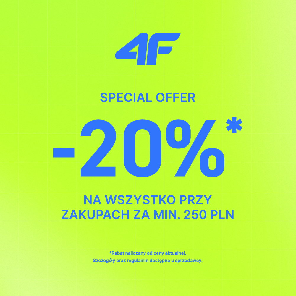 Limonkowa grafika promocyjna marki 4F z niebieskim napisem Special Offer -20% na wszystko przy zakupach za min. 250 PLN dla Pasażu Grunwaldzkiego we Wrocławiu