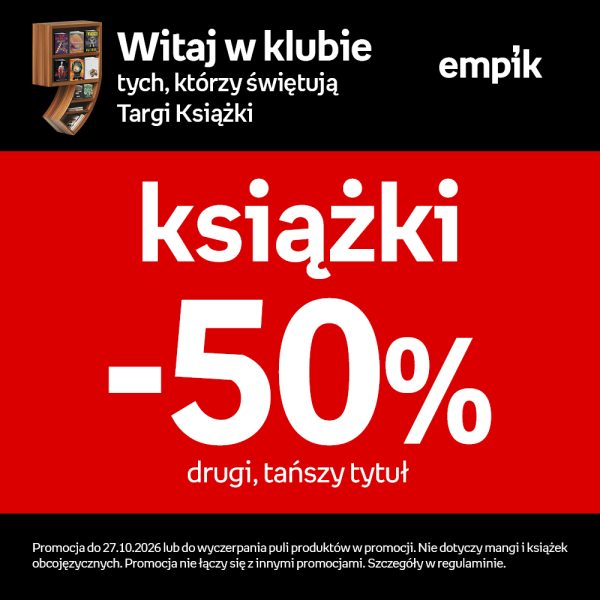 Czerwona grafika promocyjna Empiku z hasłem Witaj w klubie tych, którzy świętują Targi Książki oraz informacją o rabacie -50% na drugi tańszy tytuł w Pasażu Grunwaldzkim we Wrocławiu